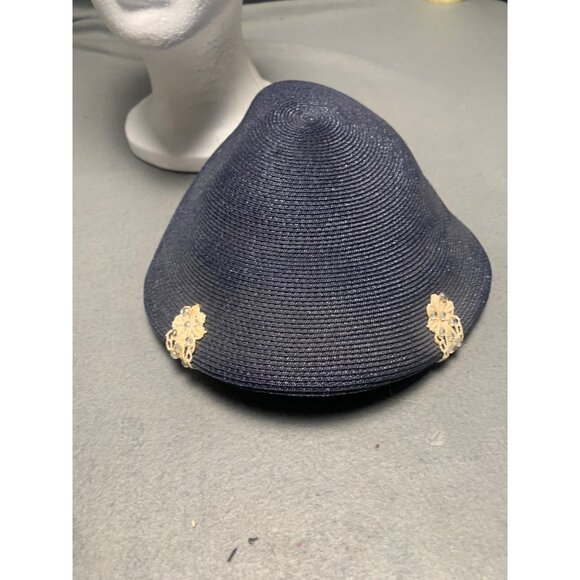 Vintage 1960s Navy Blue Velvet & Straw Hat with Gold Embellishments Adjustable - Picture 8 of 10